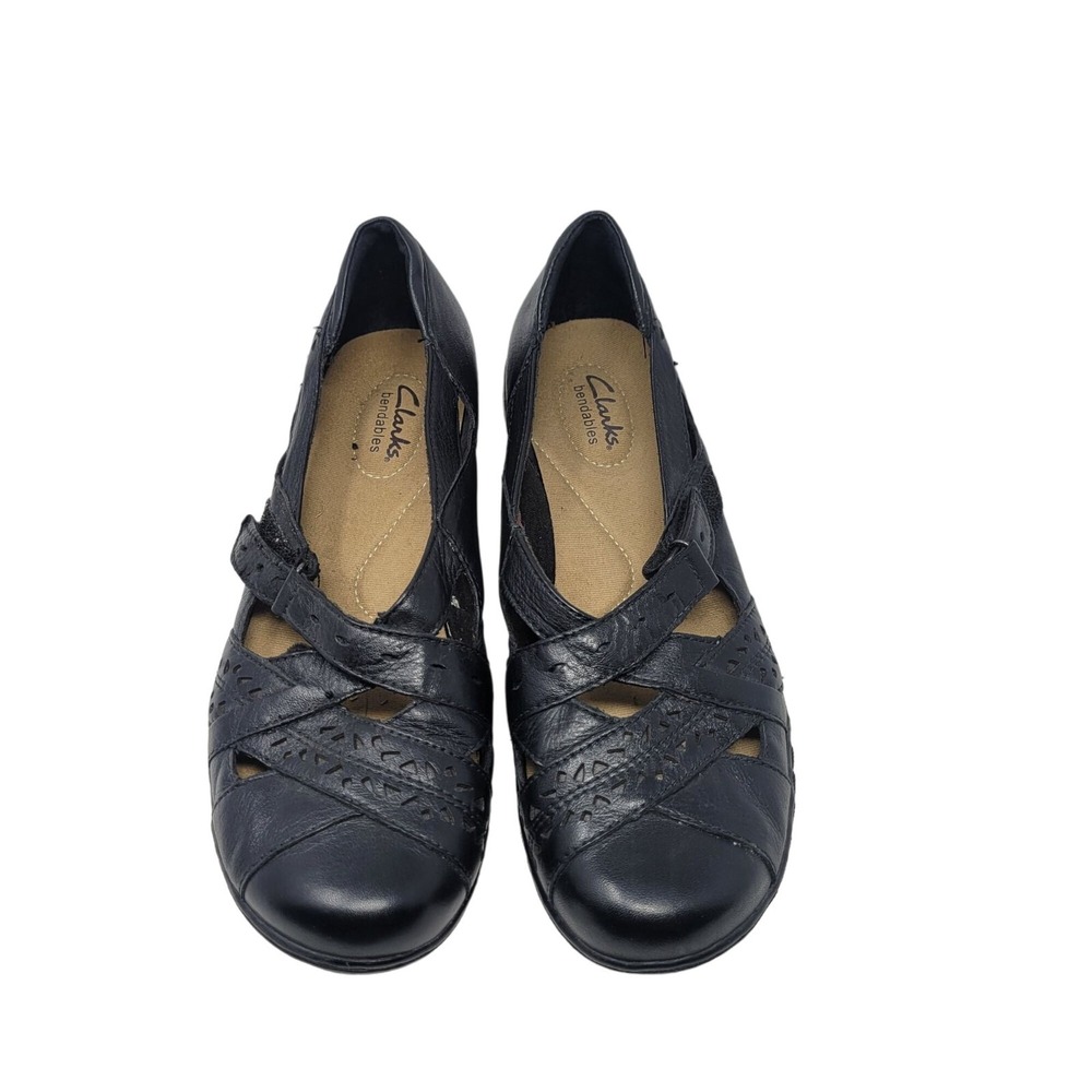 Y2K Clarks Bendables Leather Mary Janes 9.5 Black Flats Dark Academia Comfort - Picture 2 of 11